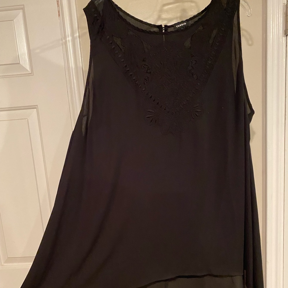 Torrid Embroidered black hi lo chiffon tank top